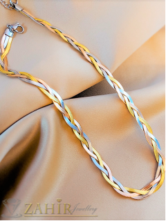  Трицветна стоманена верижка змийска плетка 42 см с преплетени звена и удължител 5 см, високо качество - K2169